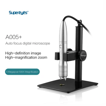 Supereyes A005 + USB Микроскоп 500X5MP Ръчен Автофокус Видео Цифров Микроскоп, Лупа с Регулируема Стойка за Микроскоп